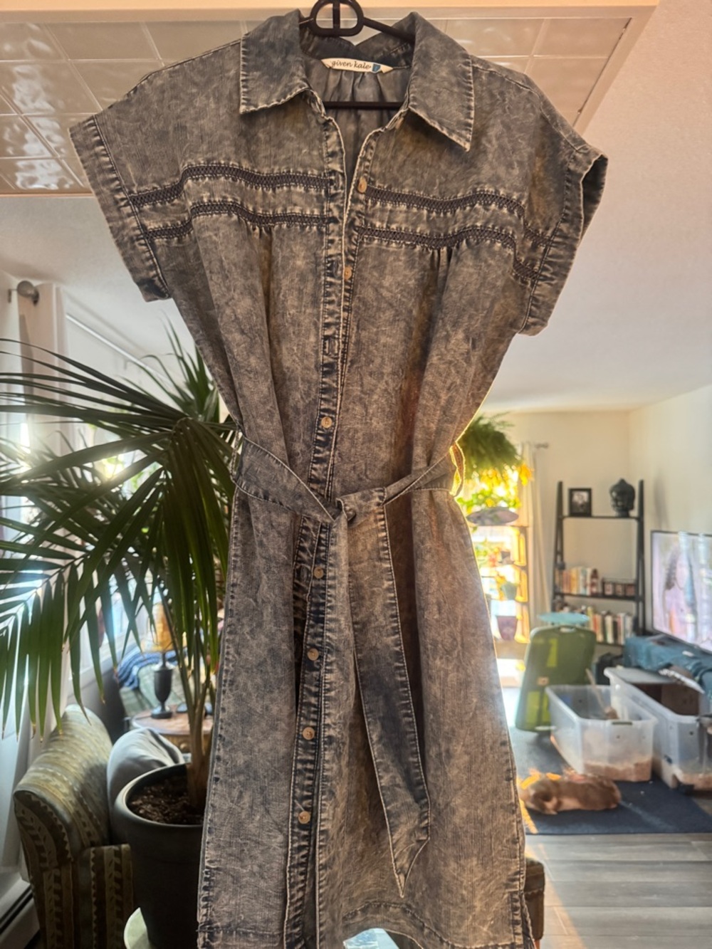 Given Kale Acid Wash Denim Lagenlook Dress - Crochet Detail Duster - L - Picture 1 of 7